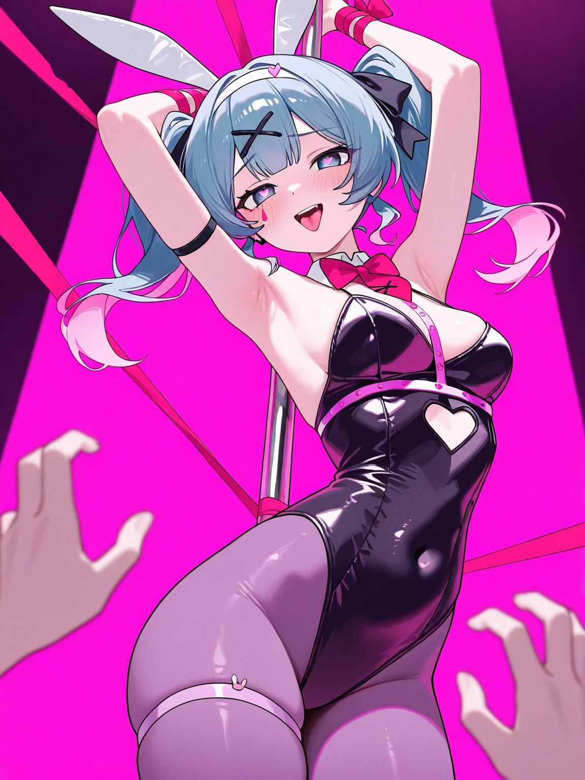 masterpiece, best quality, ultra-detailed, (perfect face, detailed face), 1girl, solo, volumetric lighting,(alice_(queen's_gate)),flat chest,red eyes,thighhighs,twintails,long hair,hair ornament,blue hair,(tanned skin),huge ass,smile,(spread legs wide:1),(arms behind head:1), Squatting,blushing,full body view,oiled skin, shiny skin,ultra glossy skin, strip_club_venue, moody background, dark background, spotlights on ceiling, on stage,