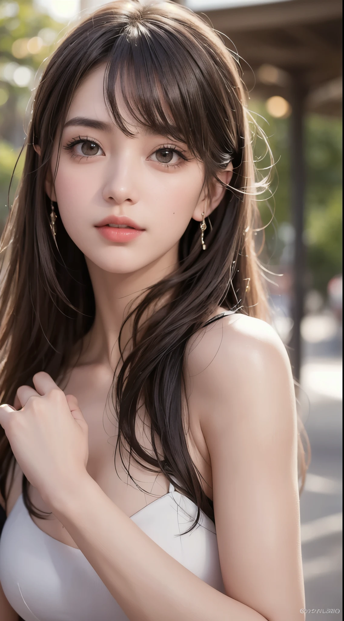 outdoor、(8ก, highest quality: 1.2), very detailed, thorough solution, (realistic, realistic photo: 1.37), portrait, High resolution RAW color photograph, arrested on the job, High resolution and beautiful, High resolution, 8ก Image Wallpaper, amazing details, large file size, very detailed美しい女の子, very detailed face, Finely defined eyes, Fine skin texture., All functions are clearly displayed., The contours of the fingers are perfectly shaped.., the nose has the correct shape., expressive lips, perfect anatomy, background is not blurred, one story, (20:1.2), twenties, pretty girl, realistic