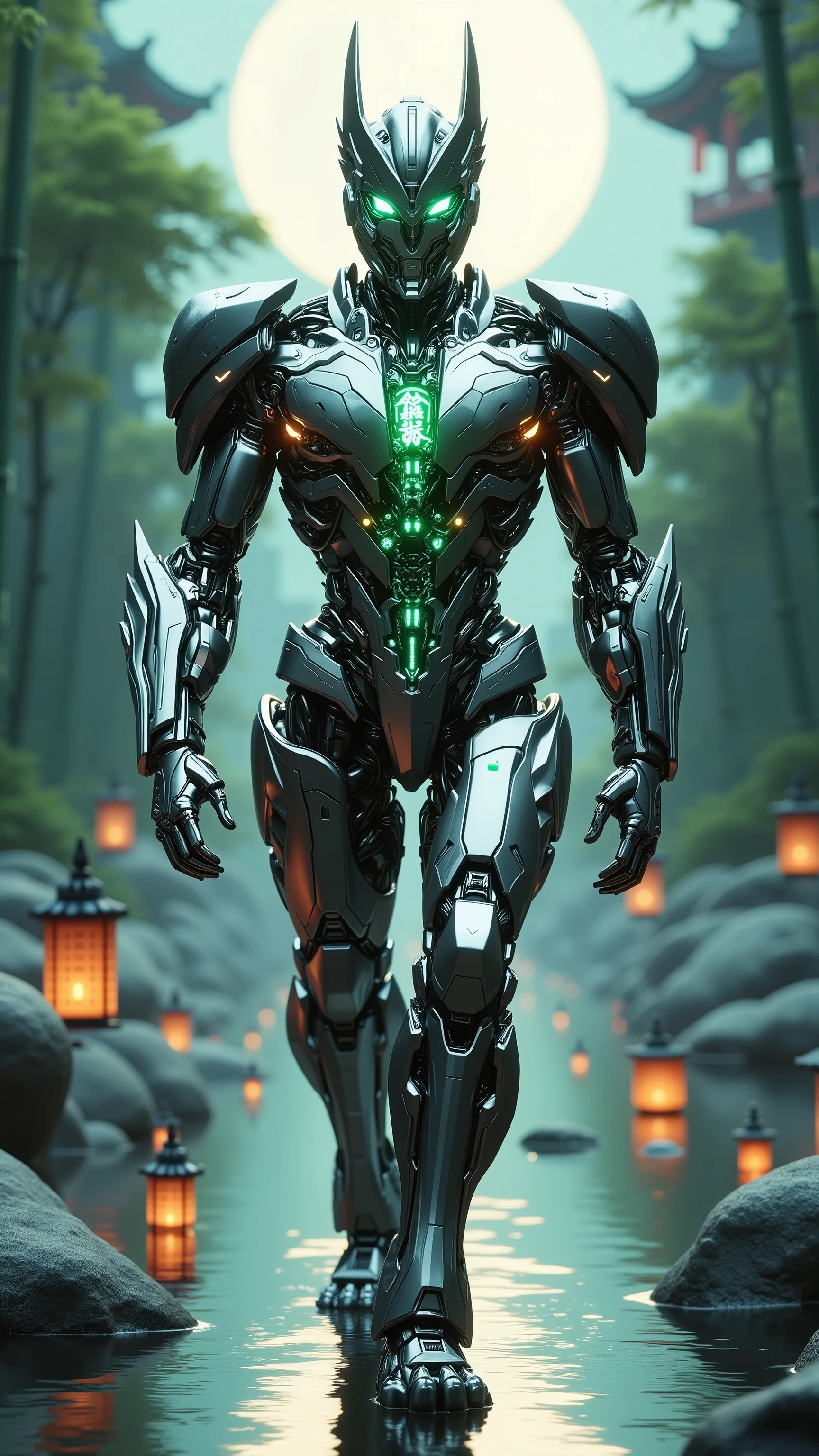 DeepSeek reimagined as a serene Transformer robot designed for high-order language and wisdom, walking forward through flowing streams of encoded thought, 1 male robot,
Helmet shaped like a Taoist warrior’s mask with silver calligraphy engraved along the cheeks. Eyes glowing softly with radiant jade light. His chest pulses with shifting Chinese characters, logic diagrams, and layered scroll-text code.
His armor resembles a fusion of traditional Eastern plate and advanced AI circuitry — brushed steel overlaid with luminous brush-stroke circuits and dragon-scale panels. One arm forms into an ink-flow emitter, the other into a digital abacus weapon.
He walks with deep purpose, his movement like calligraphy in motion — elegant, minimal, devastatingly precise.
Background: a temple of data under a moonlit sky — digital bamboo forests, floating lanterns made of light-code, and river-like neural networks flow through the land. Binary waterfalls cascade over carved stone logic gates.
, photorealistic, transformer-style, futuristic samurai armor, high contrast, cinematic lighting, 8k, ultra detailed, glowing jade lights, AI calligraphy style, East Asian spiritual energy, hyper realistic, no text