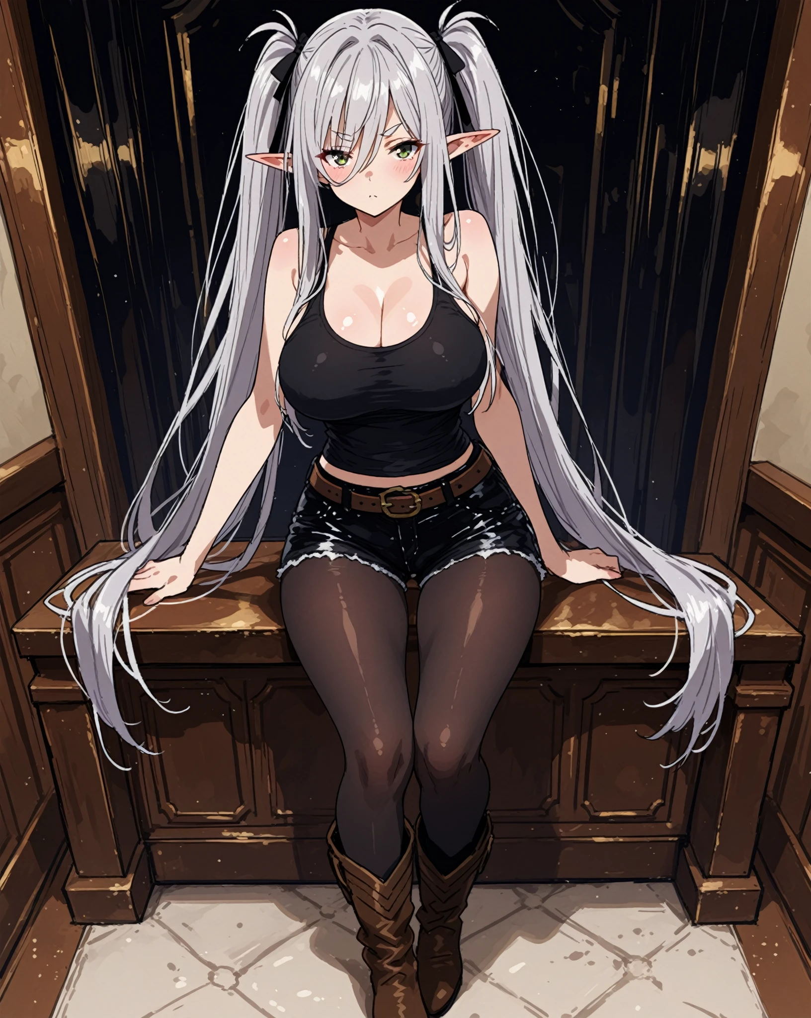 1 girl closeup, bunny girl, leotard, fishnet stockings, elf, silver hair, red eyes, braid, rabbit, sitting on chair, tavern, dark indoors, embarrassed, blush, concept art, beautiful anime scene, beautiful anime landscape, top rating on pixiv, best quality, 4K