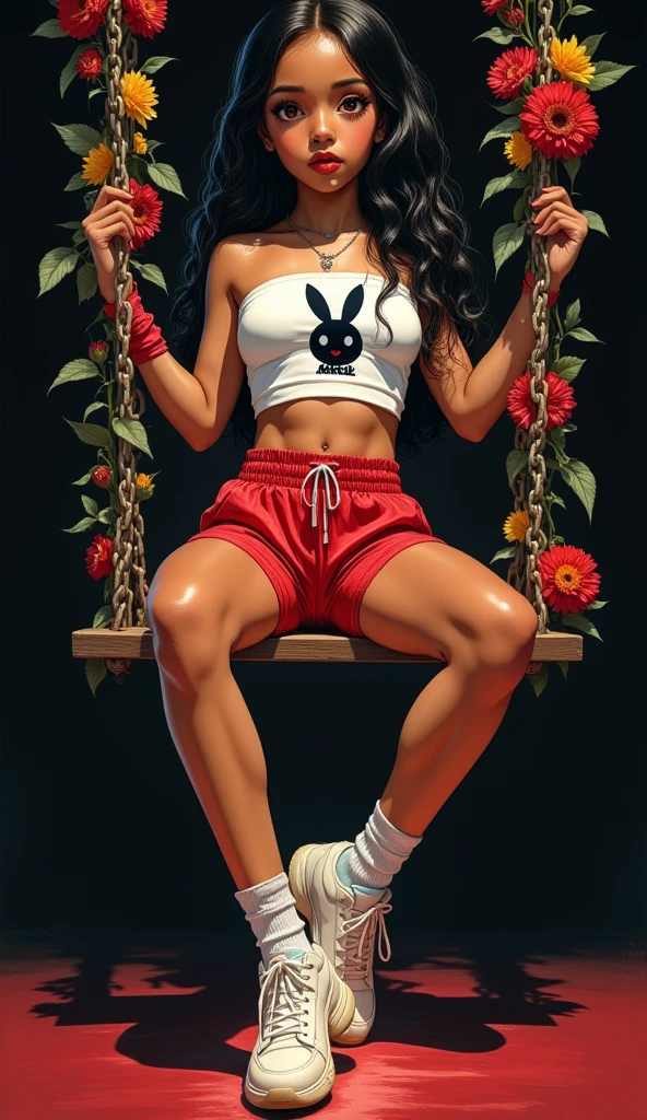 the detailed proportions and textures brushed multicolored and softened with airbrush, a semi-realistic ink illustration It shows a young girl with brown skin, wearing a crop top and shorts, where red and white tones predominate, in stark contrast to the bright colors of the character and the warm matte colors of the background (highly detailed full body and Kawaii pose, perfect face, innocent look (with eyes emerald shines), thick thighs, round and huge breasts, wide hips, slim and high waist, flat stomach) The character has long, curly, black hair and large, expressive eyes. She wears a white, strapless, sleeveless crop top with a black print (of the rabbit logo) and tight, red, fabric shorts reminiscent of a classic gym suit. She also wears white sneakers. The overall style is elegant and refined. In the background, a pitch-black room with a swing made of chains adorned with flowers of all shapes and sizes, the figure sitting, swinging with her hands clutching the flower-studded chains, her face looking toward the camera. The elongated, white silhouette is projected onto the floor and the wall. The illustration is detailed and focuses on the character's fashion and design. saturation in the very defined color palettes (color with monochrome shading and bright shades of red 25 % + yellow 25 % + blue 25% + biofluorescent 12.5% + transparencies 12.5%). aesthetic fusion by (fibonacci ratio. a poupée realistic of a young Tyra Bangs. A young girl Africa has pink skin with beige-brows tones that give her contrast and brightness type of character. fluid texture of thin, thin fabric that molds to your figure (her clothes with relief and folds give volume and depth to the character) style. Haute couture photo shoot (with a pose that gives the sensation of movement and energy with sexi style). soft focus, highly detailed and sharp, Approaching perfection, full hd 8k, High and low angles. of Milo Manara, Gianni Versace, coco chanel, Alberto Vargas, Greg Rutkowsk art style