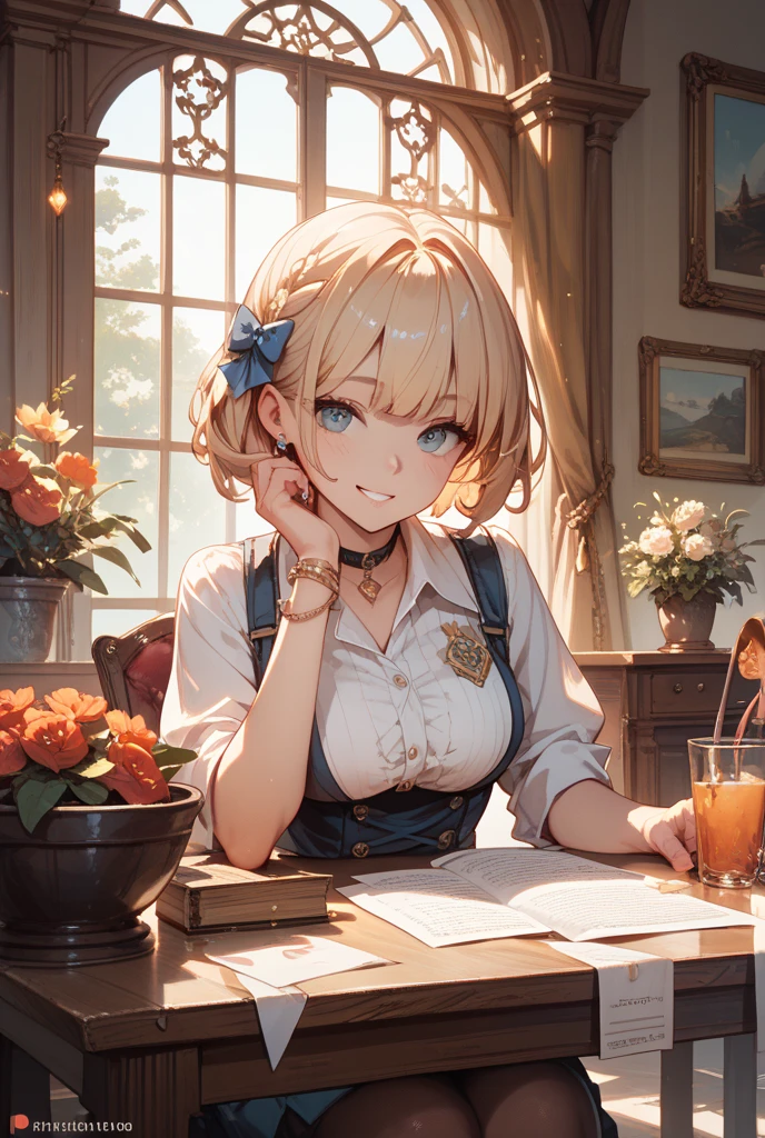 masterpiece, best quality, highly detailed background, perfect lighting, best quality, (extremely detailed face), volumetric lighting, intricate details, shadow, tonemapping, sharp focus, hyper detailed, trending on Artstation, (solo) ((Looking at the book)) .Girl with short blond hair.  Brown eyes. curvy. Blush, Clear skin.  Big bust.((Gothic dressed)). ((Sitting in the park reading)) ((Ojos cerrados)) ((Closed eyes)) smile