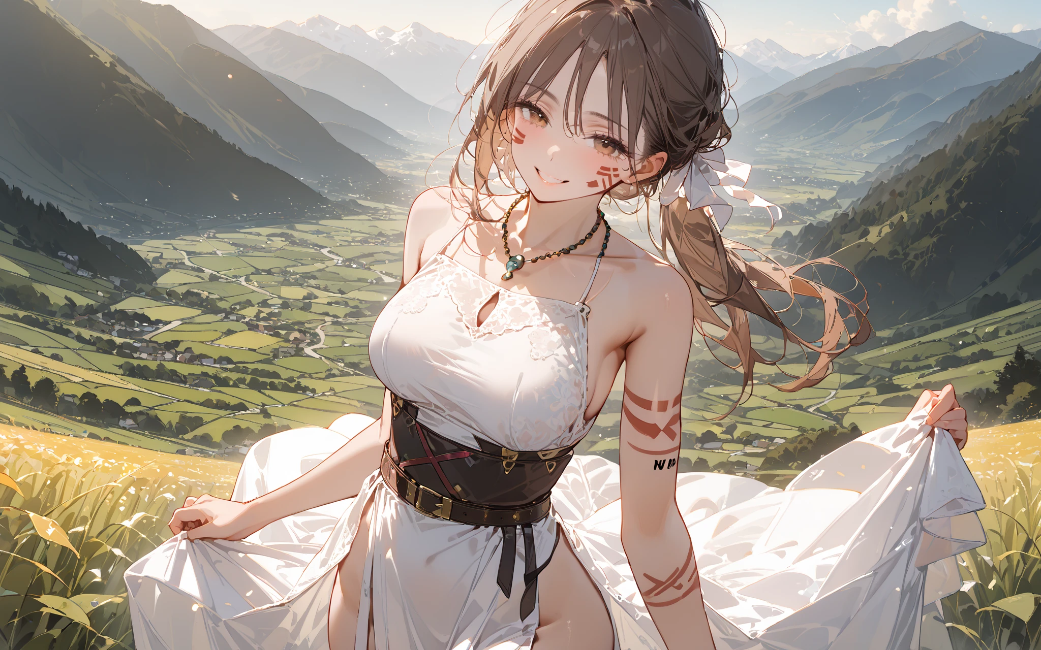 (((best quality))),((ultra-detailed))the picture is an image of a woman dressed in an asian style dress, breasts, flower, outdoors, cleavage, large breasts, mountain, hair ornament, thighhighs, hair flower, braid, long hair
