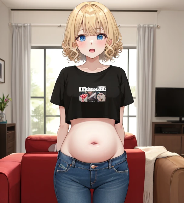 chubby girl, blonde, green eyes, medium length hair, open forehead, without bangs, glasses with black square frames
black oversize T-shirt, blue shorts above the knee