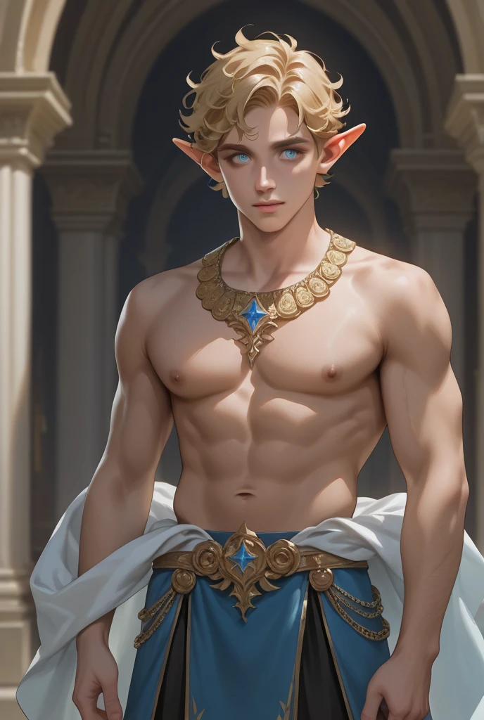 (best quality), 1boy, male, porcelain skin, blonde hair, short hair, straight hair, side swept bangs, brown eyes, perfect eyes, (elf), pointed ears, fantasy robe, skinny body, masterpiece, anatomically correct, highres
