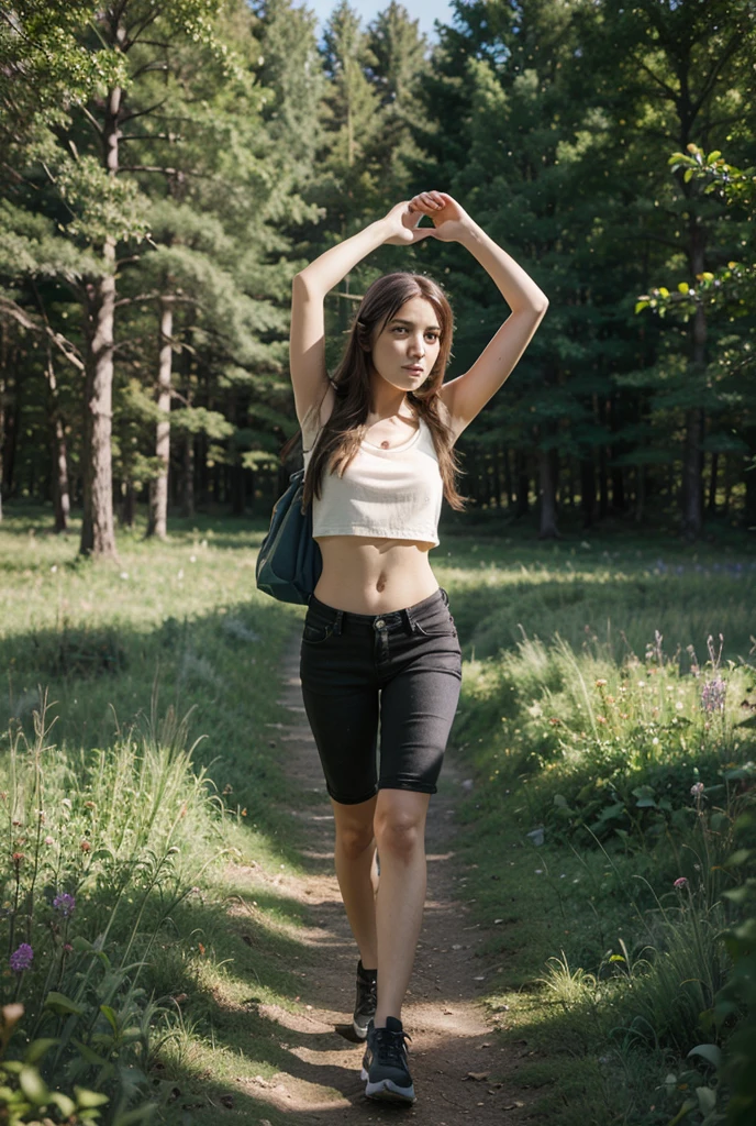 ultrarealistisch, perfekt, Details, 8K, brunette girl, rote Streifen, cropped shirt, bare feet, Wandern, perfekte Details im Gesicht, Hippie, 60er-Jahre-Flair, Rucksack, bellybutton, long Hippie pants,important is full body view, feet, barefoot, on a hike, great details on everything, walking barefoot! Feet shown