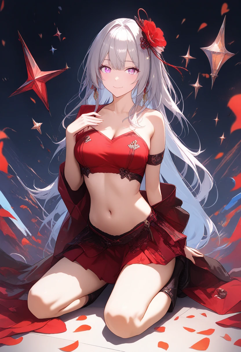young girl, Long white hair, cat ears, violet eyes, red translucent blouse, Upskirt, Sleeveless, open belly, Smile, open mouth, Masterpiece, hiquality, 4k, HD, Good detail