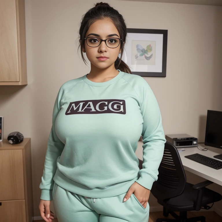 beautiful detailed, cute face, short, mexican teen, slightly chubby, medium black hair, black hair over one eye, glasses, long sleeve T-shirt, long pants, pearshaped wide hips, solo, voluptuous breasts,