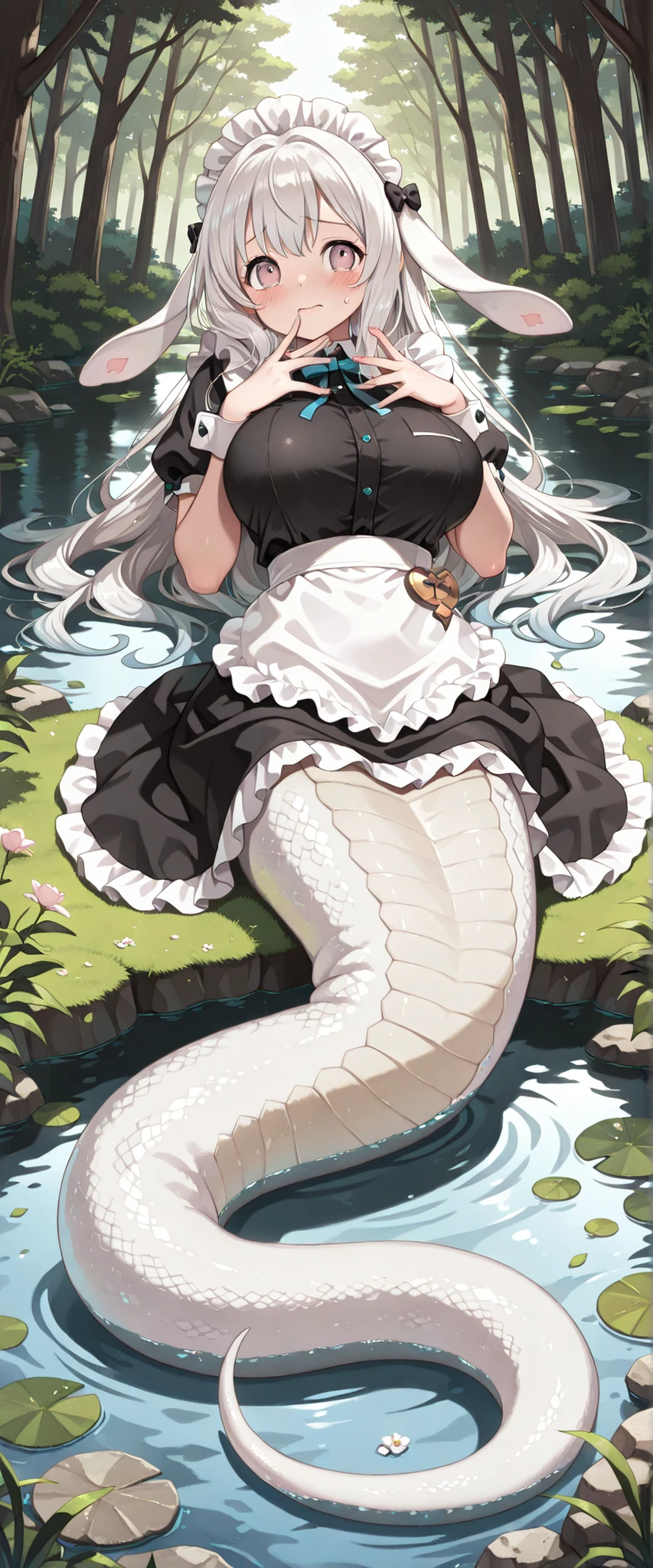 1 girl, Big breasts, malice pawn malice pawn march hare,alone, blush,White hair ,maid outfits,(forest:1.2),full body photo, masterpiece,Up to,Premium quality ,is very beautiful,Ridiculous,( full five fingers),Lamia,White snake girl tail,shy,Water stains on the body,Lying in the pond