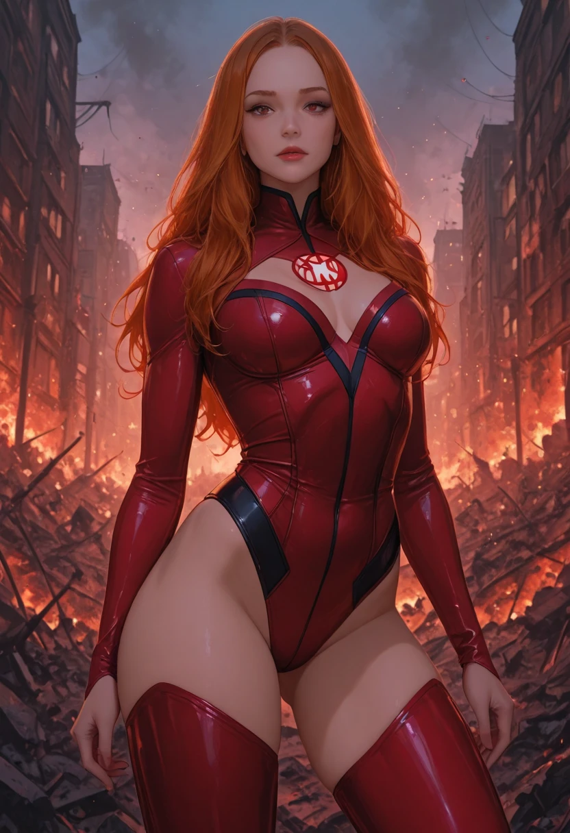 Aries sign Super hero,Full Body , Sensual Body,Girl, athlete body , Long red hair that looks like it's on fire , golden eyes ,Red and gold sheep costume Sensual,Ram horns helmet ,Powerful Pose ,Aries tattoo in the middle of the chest ,city ​​background  , Style X-men,The avengers,Cartoon style