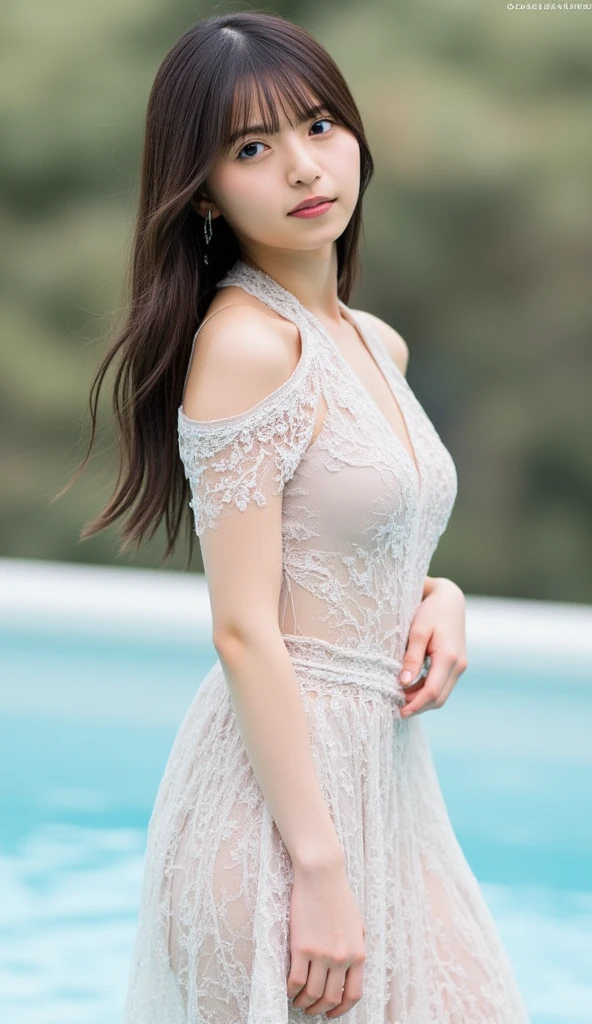 (Realistic: 1.3), masterpiece, highest quality, Clear Face, Front light, View the viewer, 1 person、Japanese beautiful girl、18-year-old high school student, ((Sapphire glowing pupils)), Dancing, With a diamond necklace large enough to cover the chest, Front view, ((Big warm smile)), She wore a white wedding dress with a deep neckline decorated with floral lace and pearls.、Upper body naked、topless、Her front is wide open, exposing her chest、chest out from clothes、Standing on a stone staircase by the water, Very small breasts,Beautiful cherry-colored areola 、Erect nipples、Narrow waist、Small butt、Shaved、Glowing White Skin, Pose for a photo, Golden Hour, Variegated light and shadow 、topless、Upper body naked
