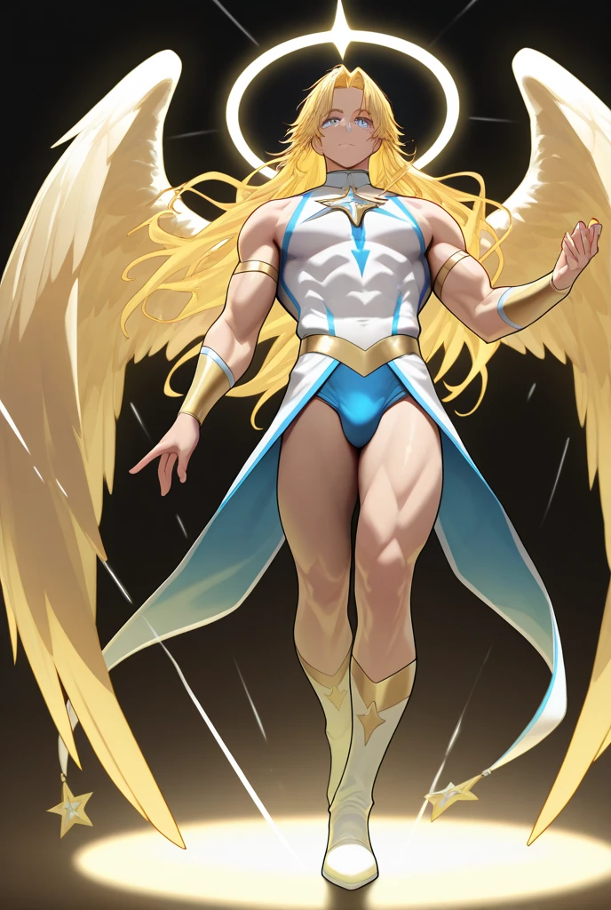 a very kind angel, powerful, extremely strong body, very muscular, (((in the background the sky, sun shining))).