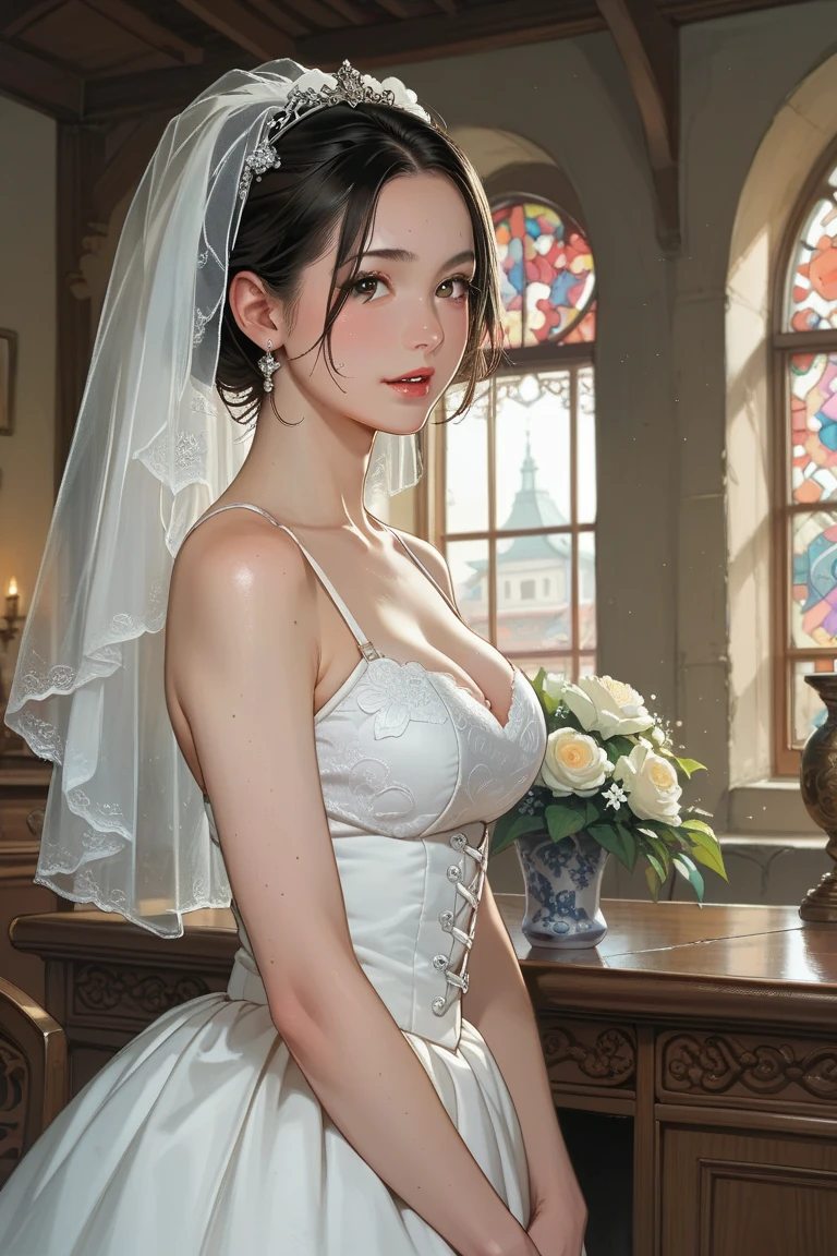 8ก, Highest quality, Extremely detailed, highest resolution, (realistic, realistic photo:1.37), high definition RAW color photograph, professionally arrested, Big file size, highly detailed beautiful girl, Extremely detailed face, Finely defined eyes, expressive lips, perfect anatomy, cute girl, realistic, garden, wedding dress