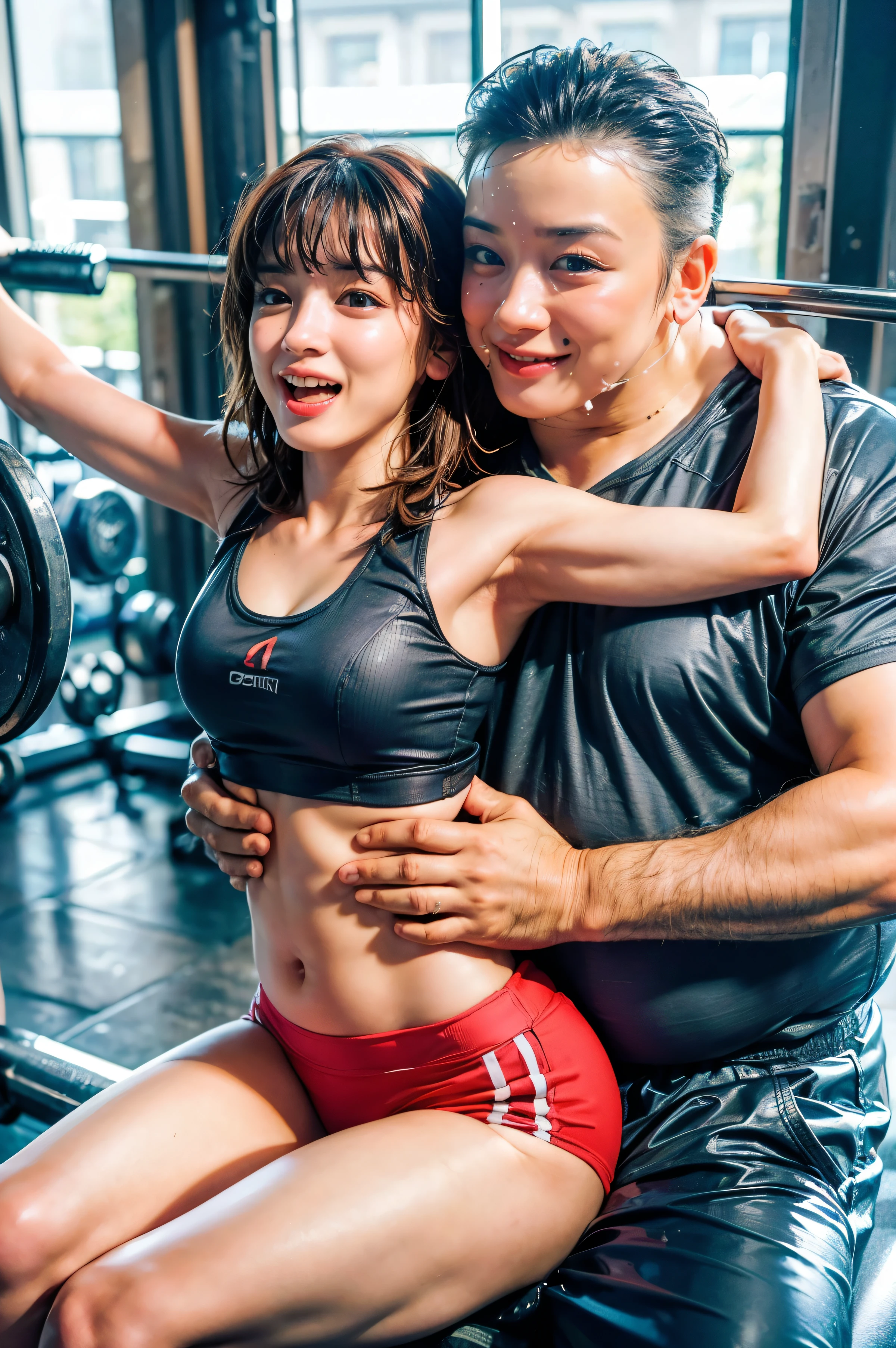 (The 8k quality, Ultra-high-resolution quality, Ultra high definition, Photorealistic, Best Quality):1.5, (masterpiece):1.4,
(camera angle from front view):5.0,
(in the beautiful gym, 1 man and 1 woman working out at the gym, intercourse time):10.0, (beautifully shaped overweight middle-aged man is hugging her tightly from her behind in gym, hug from behind):12.0,
(beautifully shaped bewitching slender woman lifting a barbell in the gym, rising both arms to lift barbell, grabbed breasts from behind, sitting bench):10.0,
(tight tanktop, tight training pants):15.0, (screaming face, feeling orgasm face, flushed cheeks, medium build, medium height, small breasts, cleavage):3.5, (brunt bangs, forehead, short cut hair, black color hair):6.0,