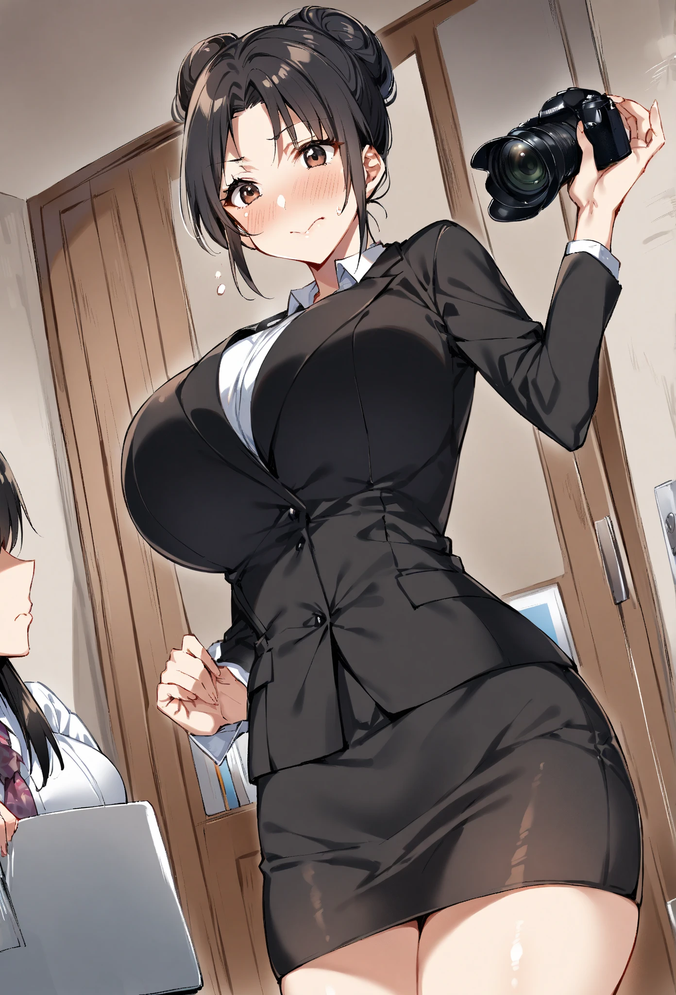 (Best quality, 8k, 32k, Masterpiece, UHD:1.2), 1girl, beautiful Japanese woman, wide hips,gigantic breasts, gray suit,office lady, suit, pants, front, office room, desk, (stretches buttocks:1.2), detailed face, short hair, looking at the viewer