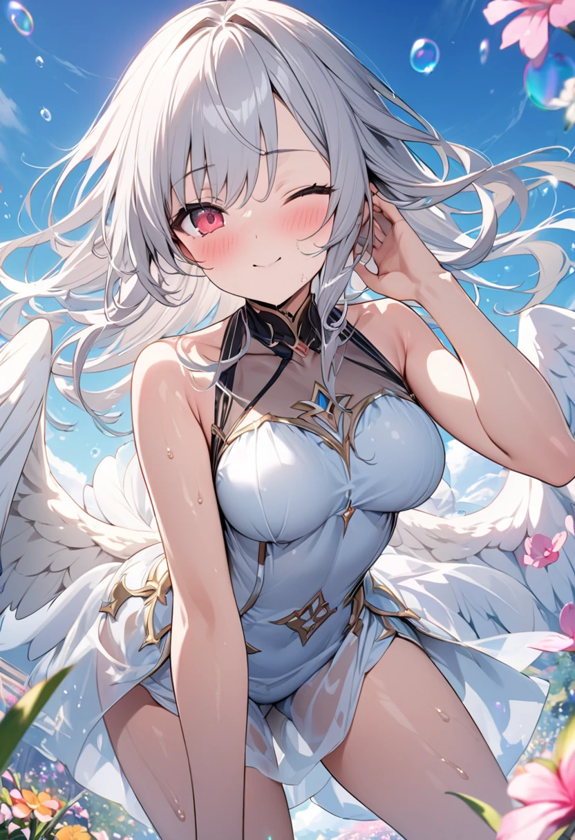 le malin holding a flower in garden, sun shining, better hands, detailed hands, eyes,symbol-shaped pupils, detailed face, white _dress, solo, double bun, blue eyes, very long hair, hair bun, angel_wings, white_legwear, bright at night, volumetric lighting, flat lighting, photo, oil painting, beautiful, extremely detailed, HD, 1girl, small breasts, solo,double bun,bow,white hair, long hair,sidelocks,blue hair ribbon,ribbon,long sleeves, white dress,pleated dress,thighband pantyhose,