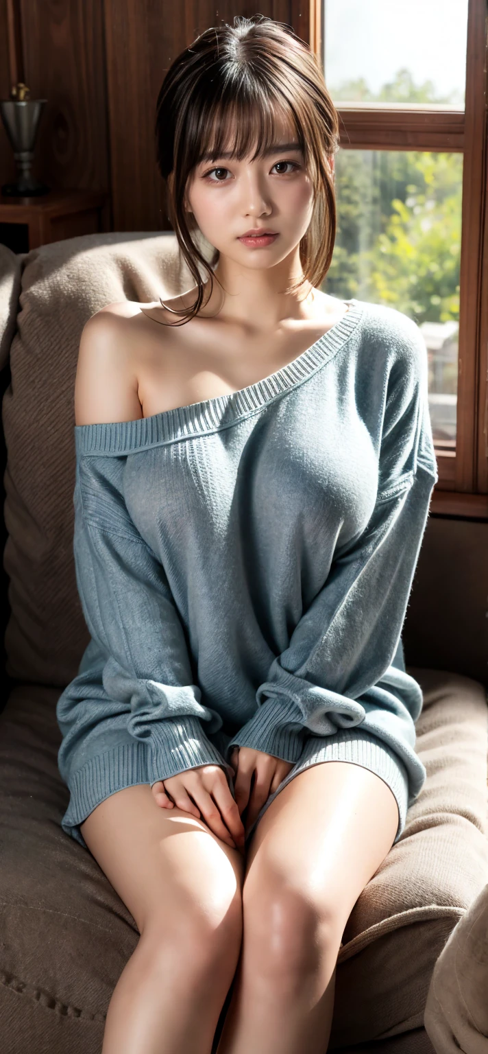 High Definition, 8k quality, Masterpiece, velma, huge dream girl , beautiful face, kiss lips, short bob hairstyle, long bangs, perfect make up, realistic face, detailed eyes, Blue eyes, Brown hair, eyelashes, mouth slightly open, bedroom, sitting in bed, showing cameltoe, eyes to the viewer, orange knit turtleneck sweater, glasses with clear lenses, red skirt,