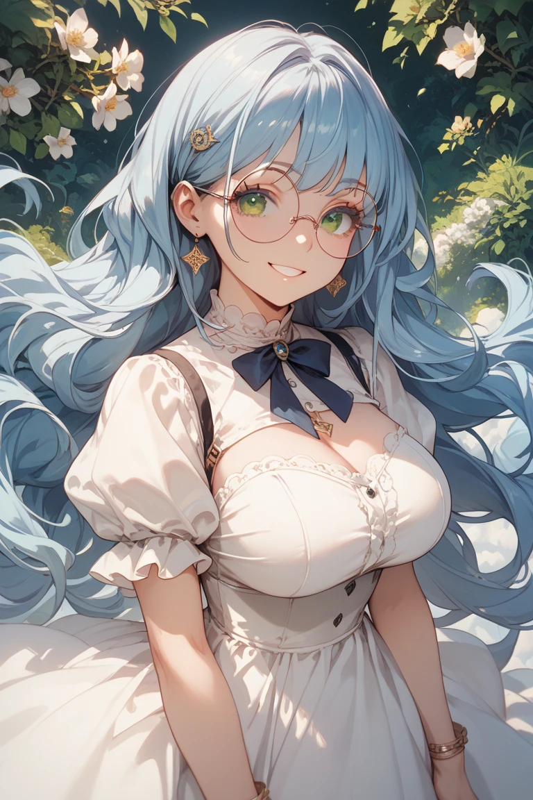 Two-dimensional girl enjoying flowers、huge-breasted、big round glasses、bbw,Large Thigh