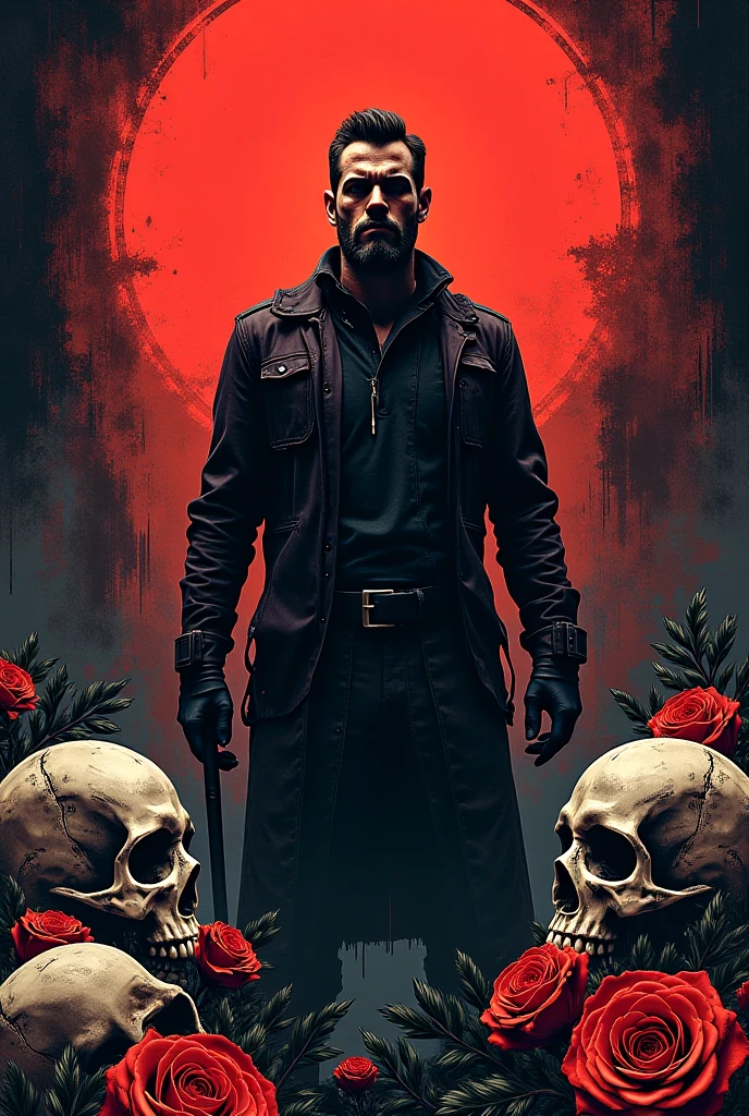 Member badge. Theme: Halloween movie horror, featuring the busts (chest and face) of a Isaac Clarke-like character, splattered with blood, under eerie moonlit lighting.