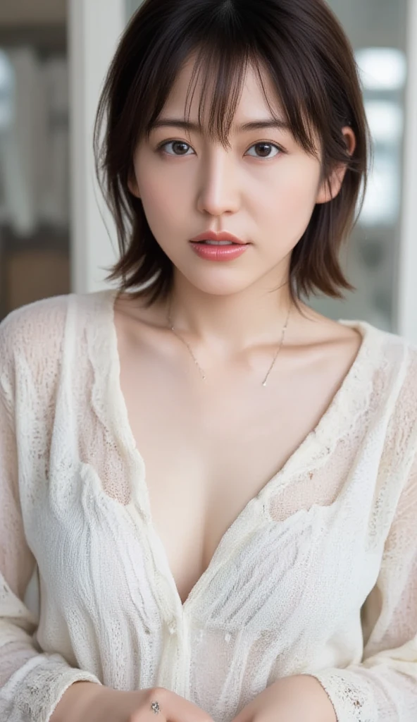 (Highest quality, 8K, 32k, masterpiece, Ultra-high resolution:1.2),Beautiful Japanese Women Photos, Rainbow clothes、Rainbow hoodie、Large Breasts, Very short bob hair,Red hair, necklace, Simple Background, From above, View your viewers,Red Hair、White background、peace sign、Pause.Colorful clothes、White background