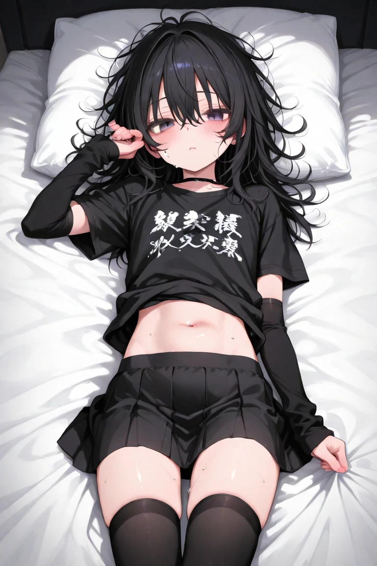 Girl, {Loli}, flat chest, messy black short hair, dirty, poor, shirtless, bra only, white underwear, white thigh highs