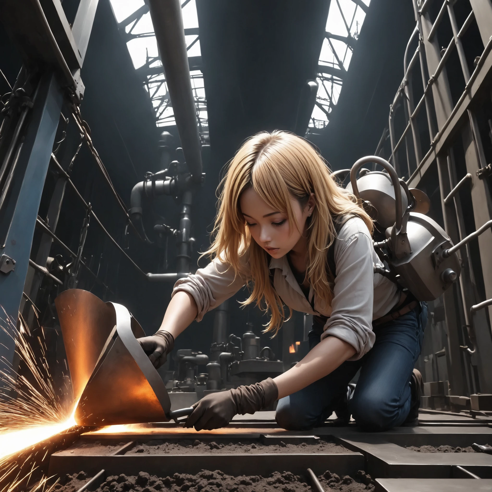 A girl welding at the top of a steel tower, a skilled welder, a TIG welder, a welding surface , a slim leather toolbelt + a slim leather full harness 、kogyaru