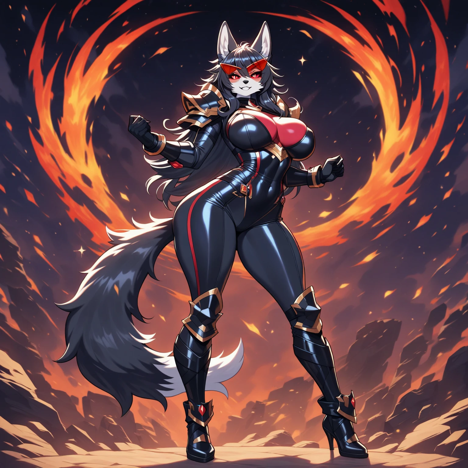 Sexy female fox, cute face, cute face, wearing sexy armor, musculated body, big breasts, squatting, high detail, backlighting, ray tracing, depth of field, close-up, bokeh, Canon, UHD, high details, anatomically correct, super detail, 8k, best quality, full body should be shown, tail should be shown in background