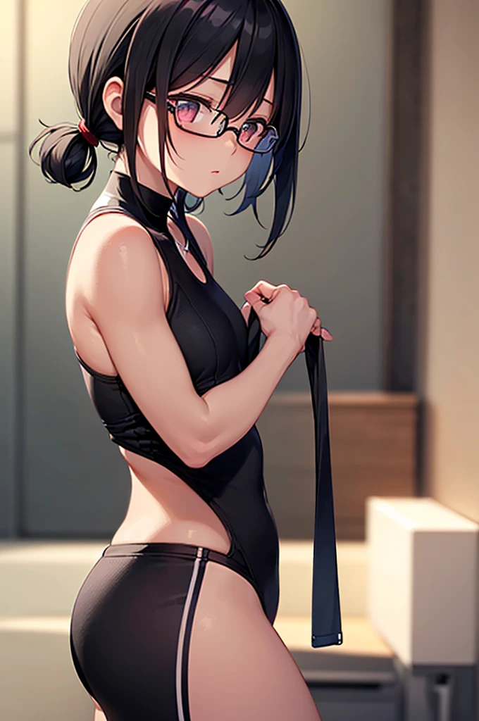 1boy, male focus, (solo:1.5), (flat chest), cowboy shot, simple background, minimalist background, (short hair), fluffy hair, curly hair, brown hair, (black shirt), glasses, round glasses, (androgynous:1.5), (feminine boy:1.25), effeminate boy, (striped panties), bulge, looking at viewer, from behind, butt, wide hips, butt, large butt, huge ass, large behind, large rear, suggestive, thigh-highs, (striped thigh-highs)