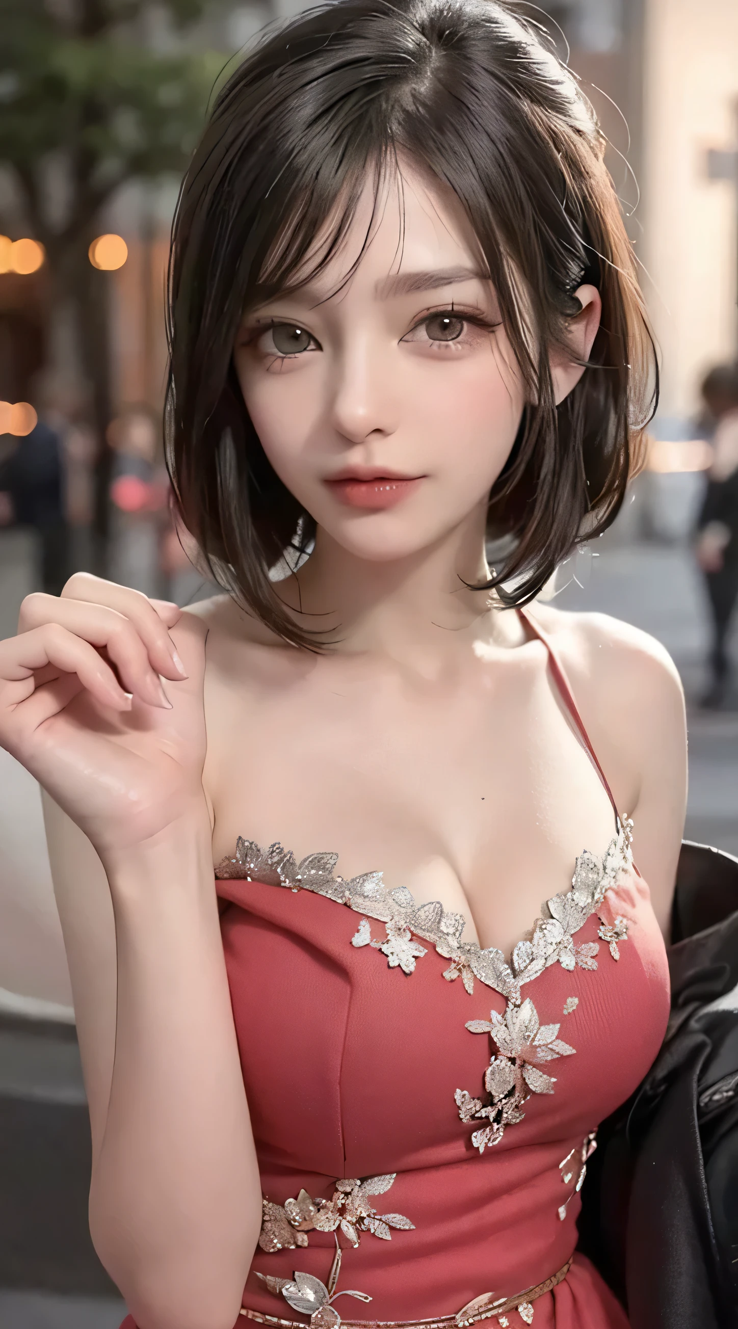 SHORT HAIR, outdoor、(8ก, highest quality: 1.2), very detailed, thorough solution, (realistic, realistic photo: 1.37), portrait, High resolution RAW color photograph, arrested on the job, High resolution and beautiful, High resolution, 8ก Image Wallpaper, amazing details, large file size, very detailed美しい女の子, very detailed face, Finely defined eyes, Fine skin texture., All functions are clearly displayed., The contours of the fingers are perfectly shaped.., the nose has the correct shape., expressive lips, perfect anatomy, background is not blurred, one story, (20:1.2), twenties, pretty girl, realistic