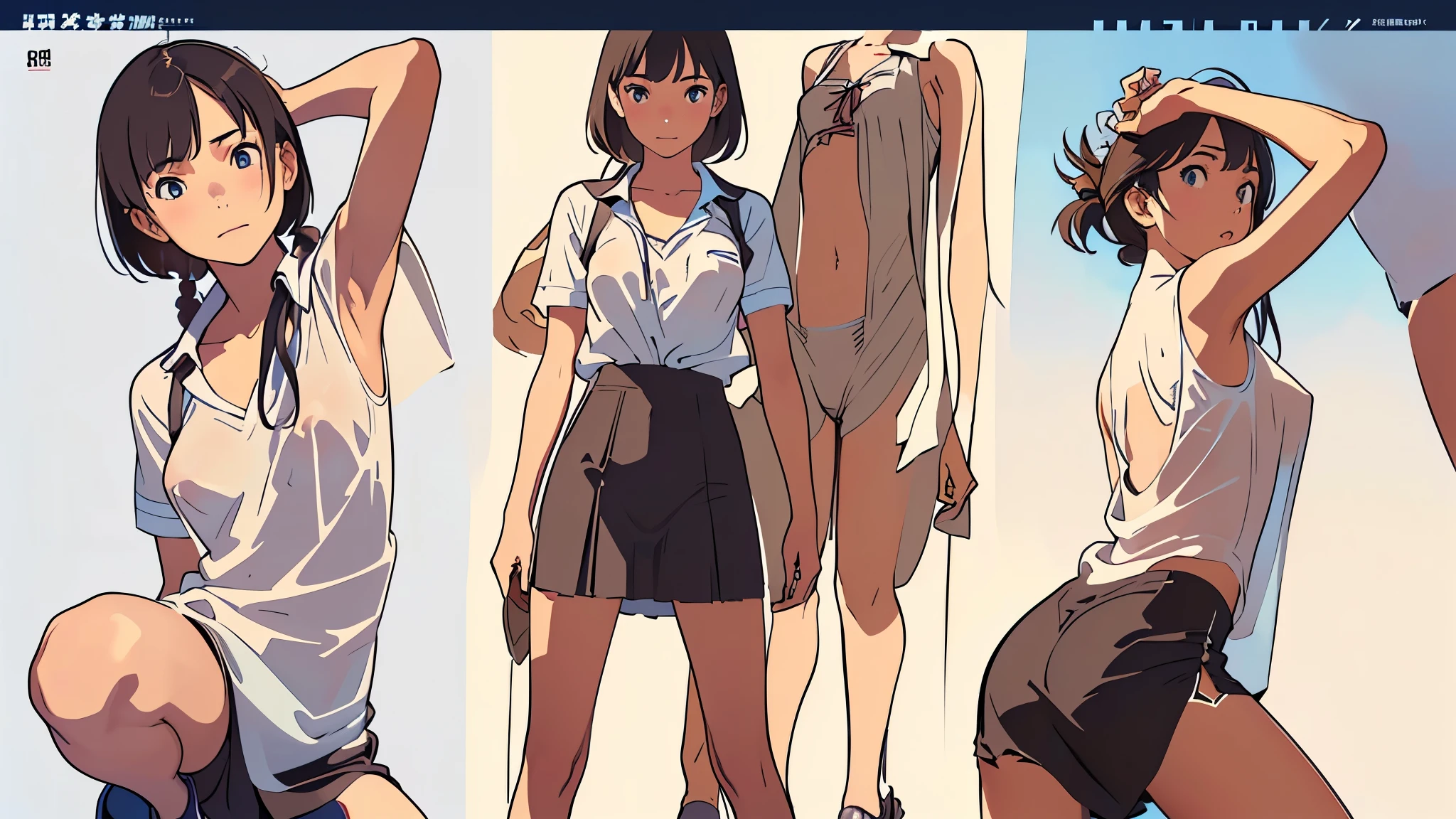 a few cartoon images of the same female character that i'm not sure what this is, a young girl touching her stomach and her breasts, a collection of sketches of several women, two pages show a woman in underwear next to another girl wearing a thongy panties