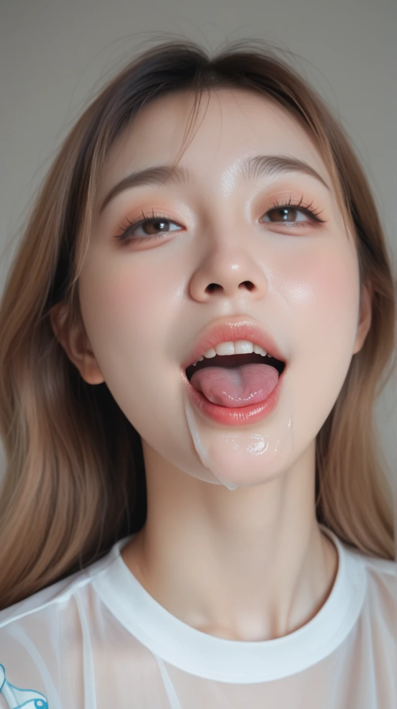 (highest quality、Tabletop、8k、Best image quality、Award-winning works)、One Woman、Perfect beautiful face、(Face close-up:1.5)、nude、(Pure white background:1.3)、Black Hair、smile、(Open your mouth and stick out your tongue:1.1)、(Perfect beautiful tongue:1.1)、(Semen-covered face:1.4)
