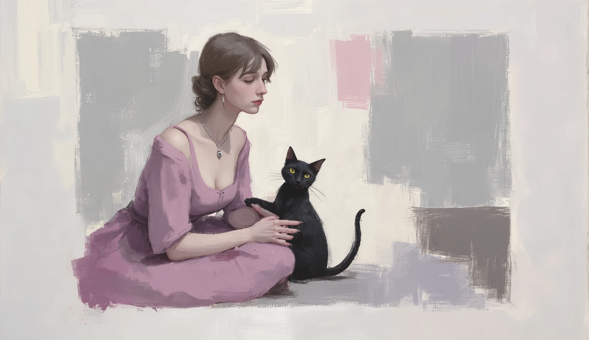 Anatomically Correct, a drawing of a girl with a black cat on her lap, a chalk sketch inspired by Ammi Phillips , , contest winner , fun and joyful pose , sorrindo, toyism, , hot summer , Flower Power , neon colors, intense light.