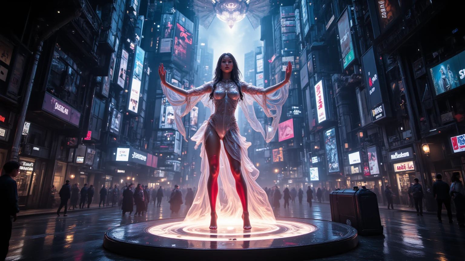 Impressionist oil painting of a woman as an inspiring cybernetic Christ hanging from a techno cross ::5 The woman Jesus on the cross has large breasts intricate futuristic cybernetic implants, and faces a congregation exulting believers, que o adoram. The crowd is in worship of her, Raised Hands. Dentro de uma enorme catedral techno futurista ::4 The climate is futuristic, cerimonial, grandioso. Cyber Punk, scientific fiction, neofuturista. ::- 3 Ambiente escuro, raios de luz brilham dos altos vitrais, Volume Lighting, dramatic lighting, Cinematic lighting. Ultra long launch, DOF. impressionista, oil on the canvas, ao estilo de Claude Monet ::3 This is a suggestive representation of technology as humanity's new faith, mostrando as pessoas orando no altar da tecnologia para um Cristo tecno, em um estilo impressioniti tradicional. ::2 –wingless, maquete, anatomia ruim, Texto, assinatura, watermark, user name, low-res, pior qualidade, baixa qualidade, artefatos JPEG, Blurry, cortar, mal enquadrado