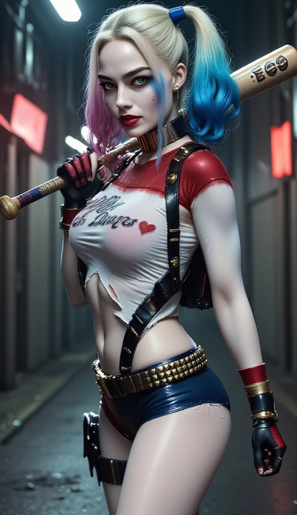 Hyper realistic super detailed Jinx cosplay , (( girl, 15 years odetailed, (hyper realistic: 1.4), in dynamic pose, (((psycho face, creppy smiling ))) , twin braids, long hair, blue hair, ((skinny hot Body)), ( red eyes) , ((tattooed arm)) , arcane style. ((Cinematic explosion background, cinematic lighting)).