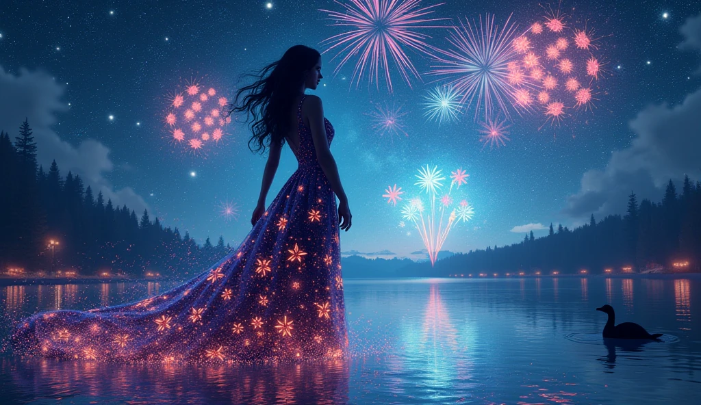 Girl in a glowing dress, distant girls has FineSkin staring at the performer, (Zoom out:1.3), (Dazzling meteor shower:1.2), (comet:1.1), yourname, Low - Angle, From behind, Aloura Borealis, shooting star, cherry blossoms, Standing on the River,Highest quality, masterpiece, cloud,colorful, Starry sky,performer . (Accutance:0.85),(RAW Photorealism and Hyperrealism:1.37), and Hakata Gion Yamakasa, Rainbow colors