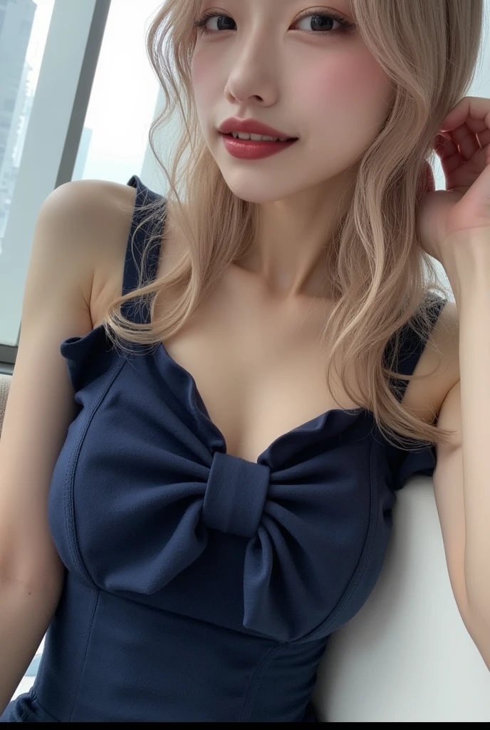 ((top-quality、in 8K、32K、​masterpiece、nffsw:1.2))、((Photo of one Japan woman))、((a necklace))、((Luxury hotel lounges))、((Sitting on a plush sofa))、((crossed legs))、((Detailed beautiful legs))、((beautifully detailed eyes))、((Gently smiling face))、((Very captivating))、((Model Figures))、((Floating Novafrog Style))、((shoulder length hair))、((Detailed hair strands))、((Lightly tie your hair with a scrunchie))、((Realistic and detailed skin feeling))、((Luxury and detailed evening dress in deep blue color))、