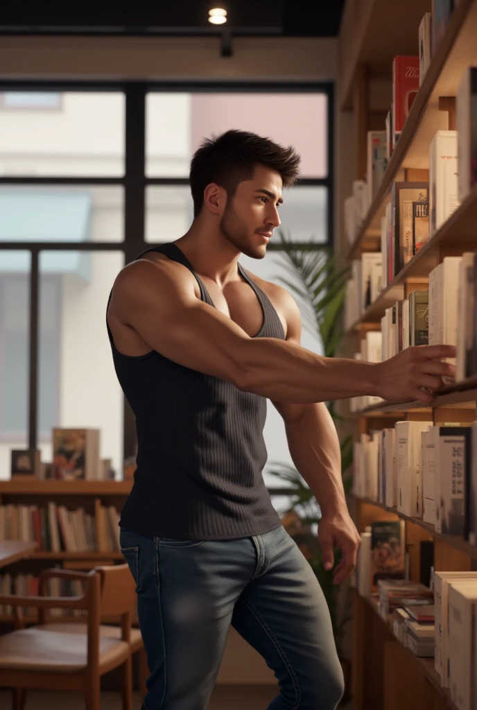 illustration that evoke stoicism men from 25 years old, shirtless, barefoot, strong, slim body Importance of Reason Style: Scientific realism, with a focus on detail and precision. Color palette: Cool, neutral tones (navy blue, gray, white) to convey clarity and objectivity. Expression: A serene and thoughtful gaze, lips slightly pursed in an enigmatic smile. Hands clasped over the heart, symbolizing introspection and connection to a higher power.
Setting: A sunlit study lined with bookshelves. A globe and a small plant on a desk add a touch of the natural world.