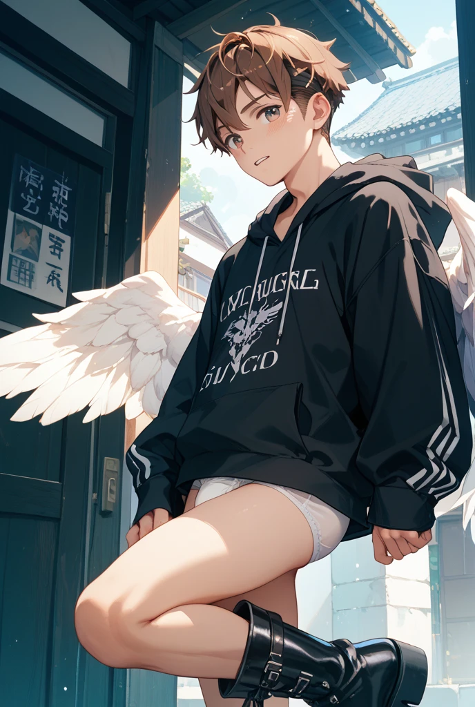 (masterpiece, best quality),Soar among the stars，Fly in the air，Floating ice cubes，Golden feathered wings，Pink briefs，Male children,nakeness,Kid's face，Flat chin，infancy,(Kid's face),Pink belly hair,Pink chest hair,Pink pubic hair,Flat chin,Fine face in detail,White men's briefs,musculous,pink short hair,Bright Hair,White eyes,Keep your eyes wide open,nakeness,White briefs,White briefs,Pectoralis abdominal muscles,Strong and well-developed muscles,spread their legs，legs are open，bright,Bright and vivid colors,(depth of fields:1.2),Positive audience,looking at viewert,the night