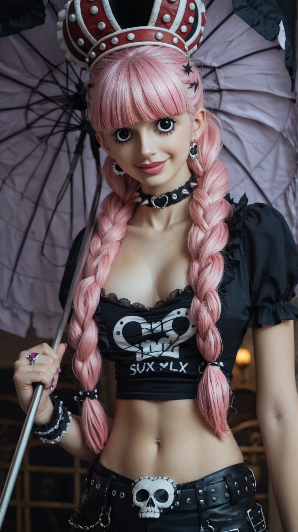 Ultra-realistic, medium shot of a young woman styled after Perona from One Piece, with vivid pink long hair styled in two thick braids and straight bangs, wearing a gothic modern outfit: black crop top with a faded skull and crossbones print, sheer fishnet undershirt, black high-waisted skinny pants with a double belt and silver studs, gothic choker with a silver ring and star charm, black wristbands with metal spikes. She is holding a dark purple gothic parasol resting on her shoulder, and posing playfully with her other hand gently touching her cheek. Her facial features are delicate and refined, with a small, beautiful, symmetric nose, full lips, and large, expressive but realistic eyes with soft eyelashes, maintaining the essence of Perona’s design in a lifelike rendering. The background is a flat pastel blue with two floating, stylized cartoon ghosts smiling cheerfully. Soft studio lighting, realistic skin texture, cinematic detail, whimsical and charming mood, anime realism fusion, sharp focus.