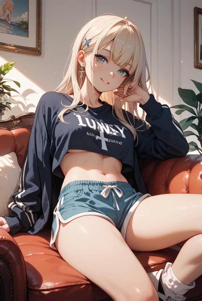 (Nsfw), best quality, expressive eyes, perfect cute face, 18yo girl, cute, short wavy hair, platinum blonde, with Pigtails, blue eyes, freckles on her face, wearing a sweatshirt, "Kyokutanna", without pantie, vagina visible, sitting with her legs open. granblue fantasy style. Sexy