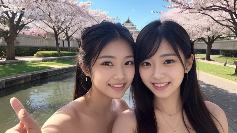 beautiful Asian woman in her 20s with her friend ,topless,public sea