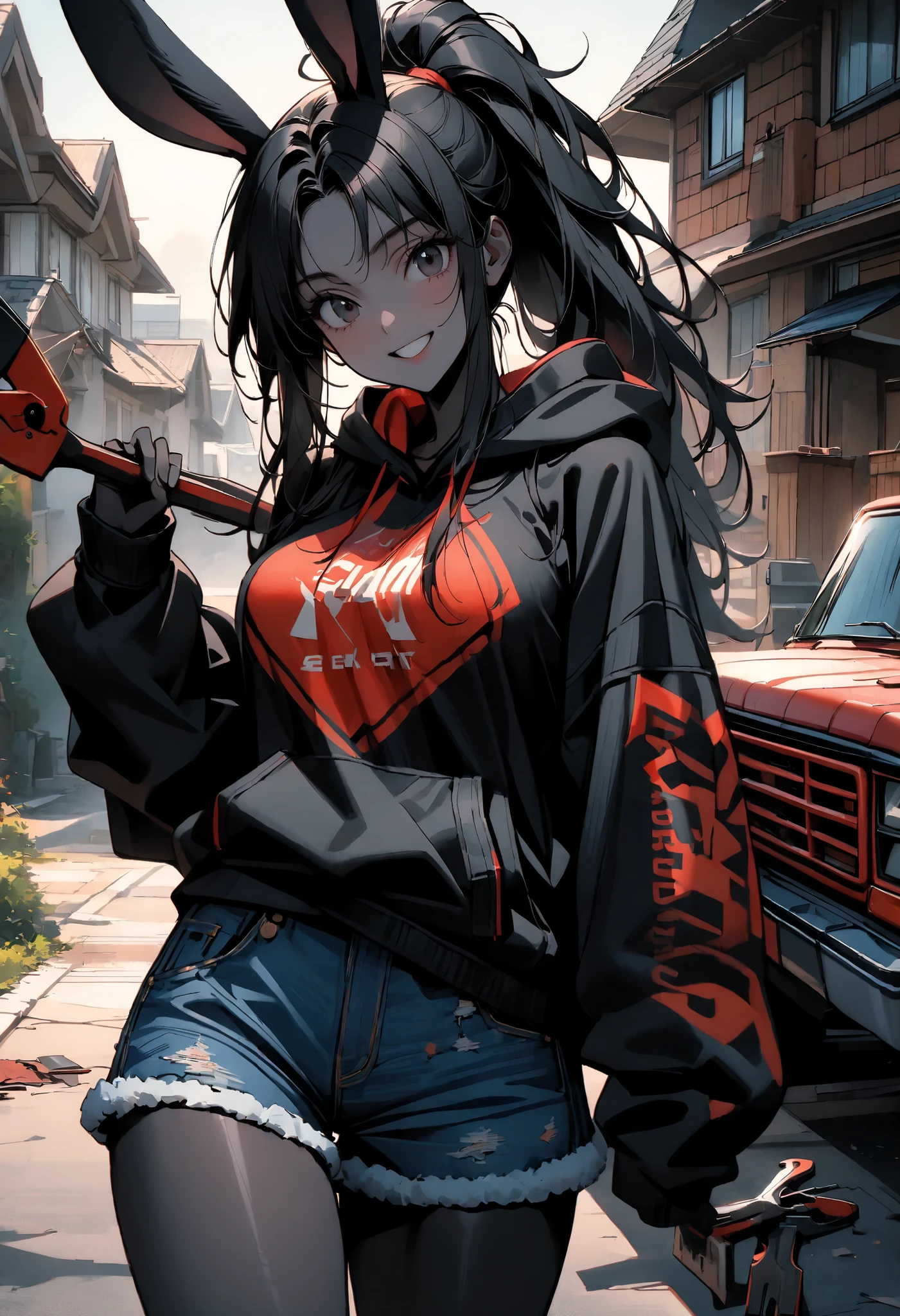 day, sunny, suburb, black skin, tools, 1990s pickup truck, red truck, comfy, driveway, rags, detailed, house, 4x4, 1girl, female, tomboy, rabbit girl, black skin, long hair, ponytail, black hair, bright black eyes, oversized hoodie, denim shorts, close up, shapely thighs, tall, curvaceous legs, broad shoulders, close up, fun, bunny ears, huge rabbit ears, black fur, large breasts, looking at viewer, fluffy denim shorts, wide smile, slim, warm light, black fur, female focus, closeup