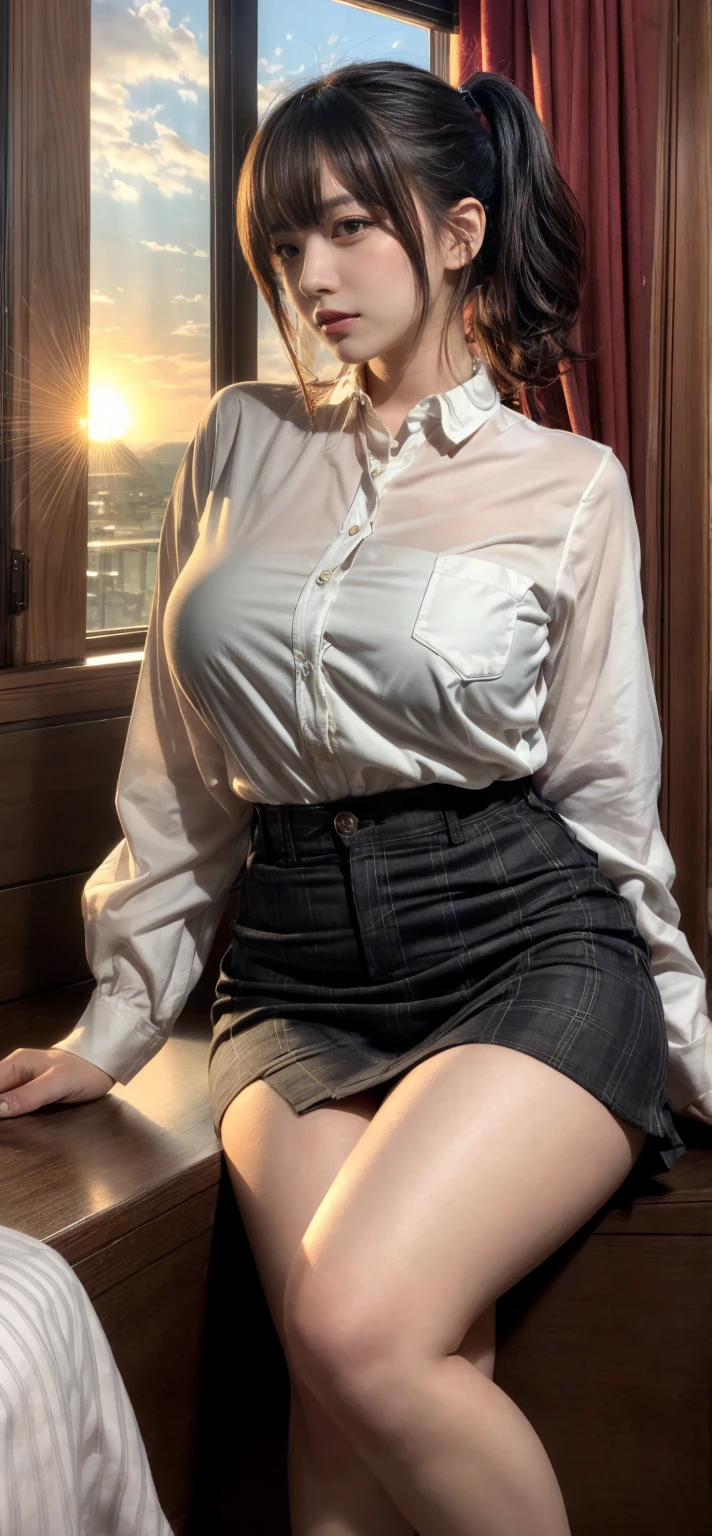 Highest quality、Ultra-high resolution、RAW shooting、Professional Lighting、Detailed Background、coastal、Full Body、Makima、25-year-old female、(High tone cherry pink hair)+(Long Hair)+(bangs)、(Yellow Eyes)、White see-through shirt,(Black trousers:1.5)、Huge breasts that look like they might burst、Modest abdominal muscles、Big Ass、Big thighs、A sloppy smile、Close your mouth、(Sweaty skin)、