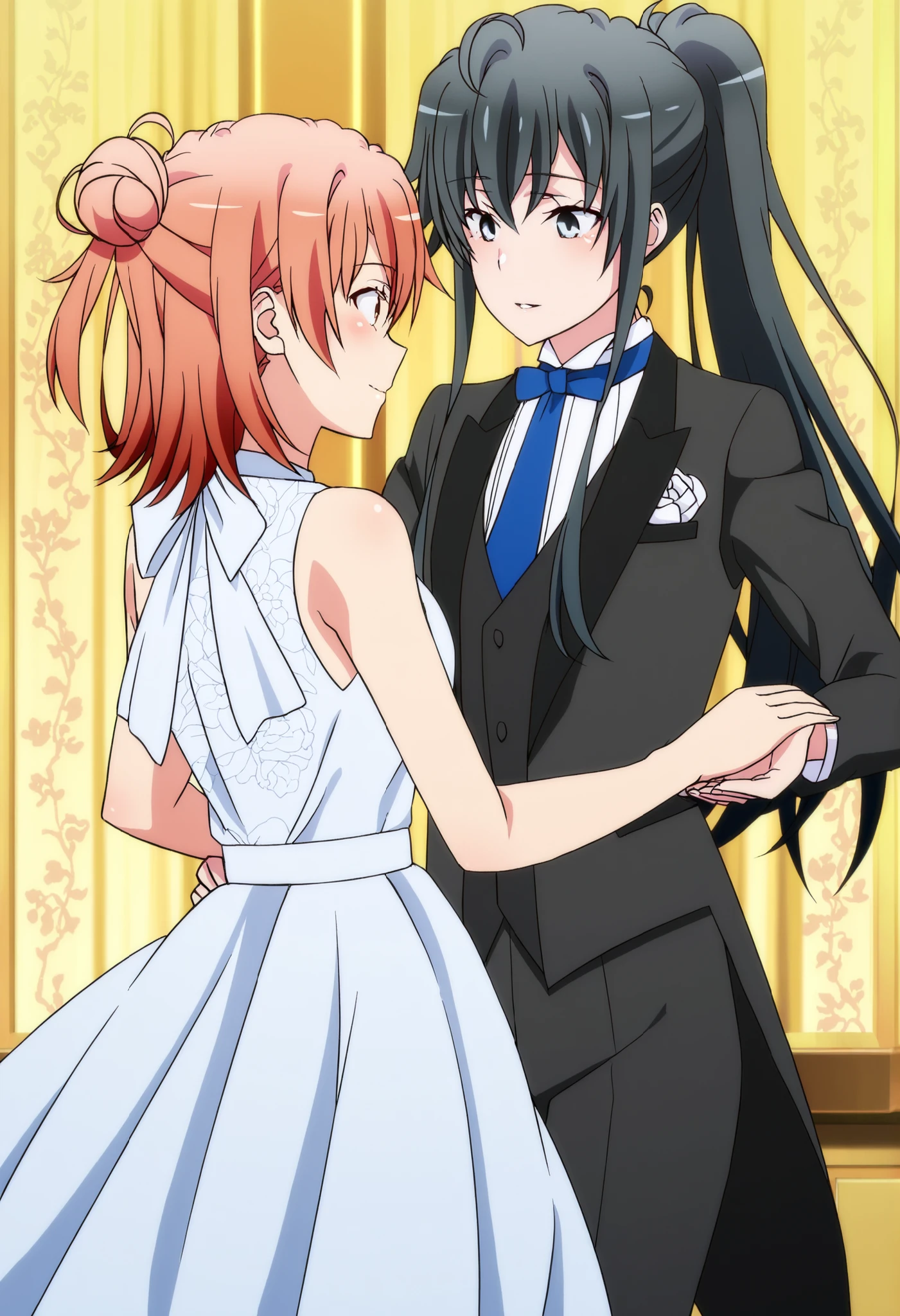 score_9,score_8_up,score_7_up,source anime,anime screencap,anime coloring,masterpiece,best quality,Two anime-style girls in a romantic ballroom pose. Yukinoshita yukino has long black hair in a ponytail and is wearing a sharp black tuxedo with a blue tie and white shirt. Yuigahama Yui has short, reddish-orange hair and is dressed in a soft sleeveless dress with a floral texture and navy blue accents. They are gazing into each other’s eyes as the girl in the tuxedo gently dips the other girl in a graceful, elegant dance pose.