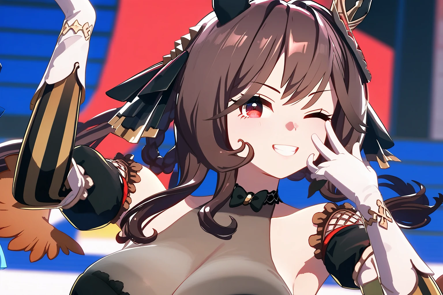 ((masterpiece)),(best quality),official art,extremely detailed CG,unity 8k wallpaper,ultra detailed,beautiful detailed eyes,extremely detailed face,1girl,solo,upper body,(portrait:1.5),looking at viewer,facing viewer,kaori (princess connect!),smile,dark skin,animal ears,dog ears,antenna hair,brown hair,very long hair,parted bangs,sidelocks,brown eyes,fang,:d,animal hands,paw gloves,fur collar,jewelry,bare shoulders,cleavage,bikini top only,large breasts,swimsuit,armlet,navel,skirt,pink bow,black shorts,short shorts,dog tail,no socks,anklet,red footwear,shoes,<lora:Kaori(pcr)>,