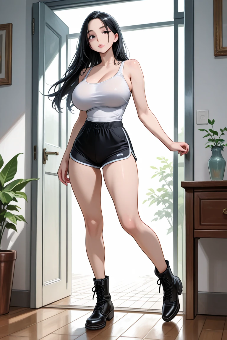 ((masterpiece)), (bestquality), ((ultra-detailed)), depth of field, (dynamic angle), (beautiful detailed blue eyes), 1woman, ((full body portrait)),((voluminous long black hair styled into one single long braid down to her waist)), ((wearing a tank top and dolphin shorts)), perfect Body, ((small bust)), smiling,