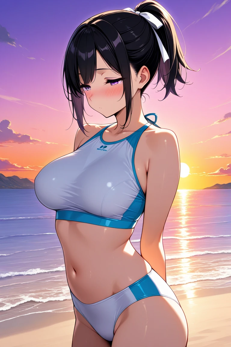 master piece,hyper quality, Hyper Detailed,Perfect drawing,。.。.。.。.。.。.。.3D,8K Illustration、clearface、Hi-Res、Face smile、(Big breasts 1.4)、Competitive swimsuit、Skin luster、(Sweating 1.4)Versatile sexy poses、Competition pool、Beautiful sunset background、beatiful backgrounds、Detailed drawing、Perfect Beautiful Girl、Perfect Photo、emotional、spot light