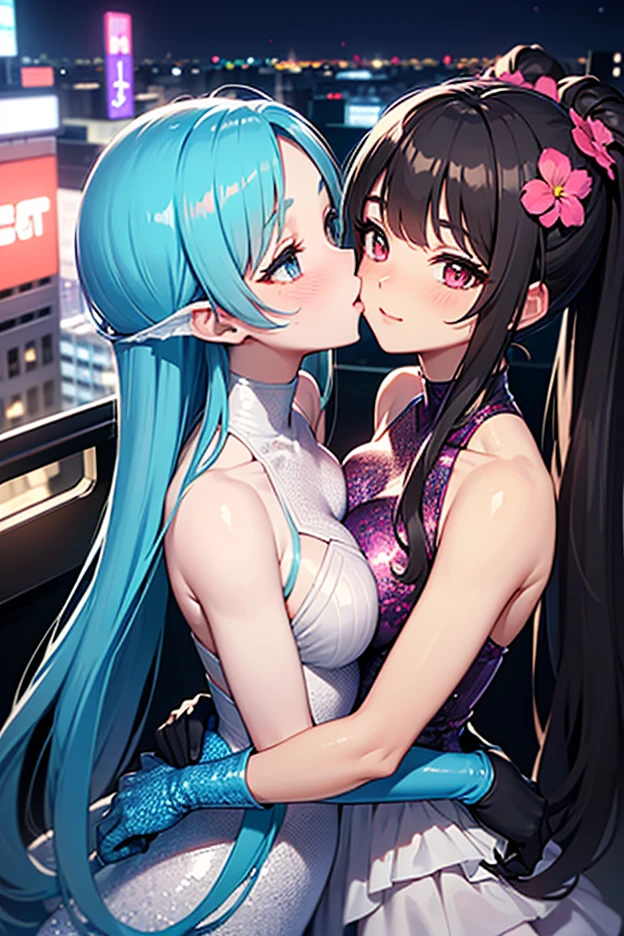 Good anatomy, 2 girls, hug, light smile, fox ears, noble, lace dress, gemstones, pink eyes, hair between the eyes, striped hair, long silver hair, big breasts