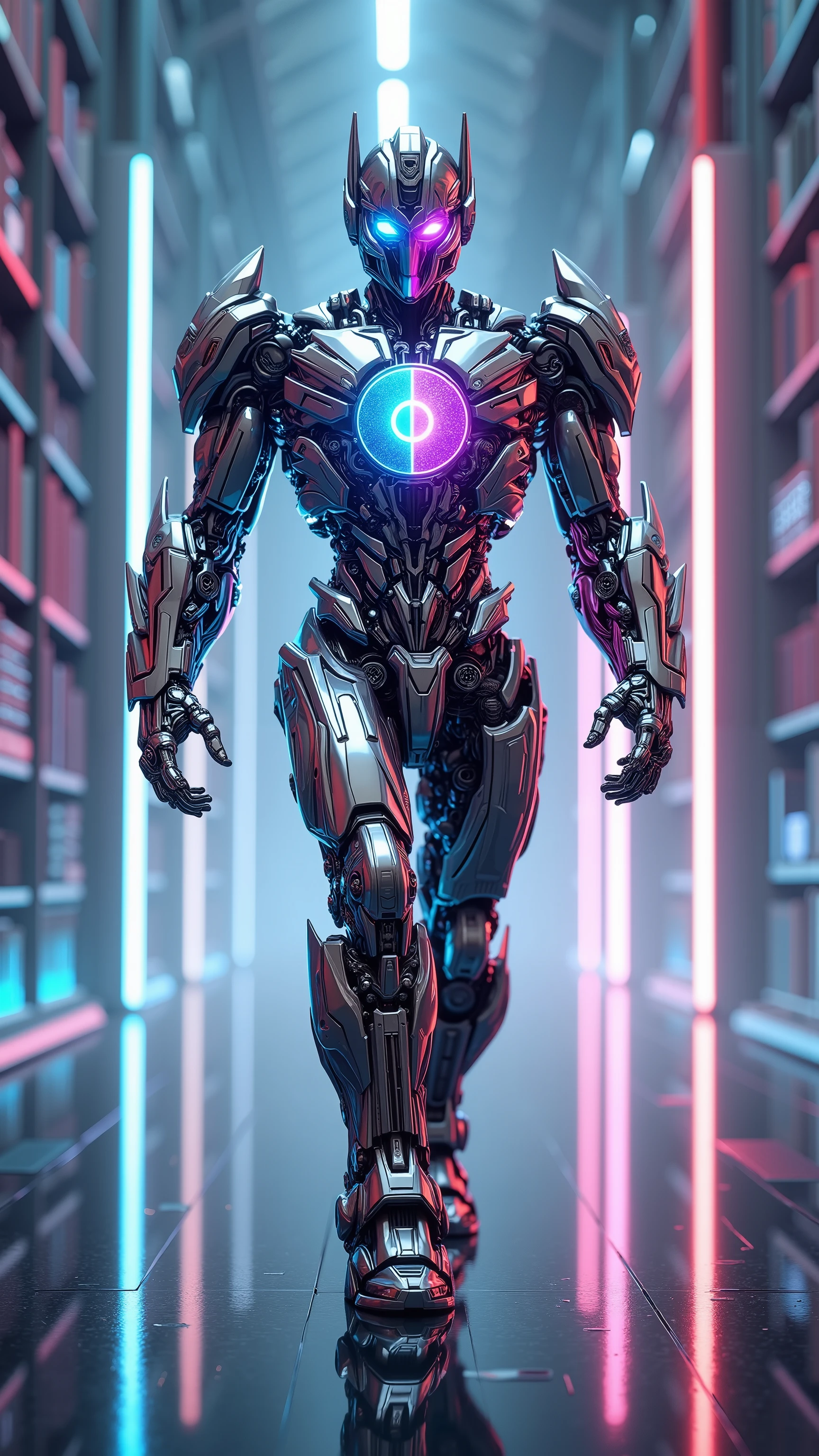 Gemini reimagined as a dual-core Transformer robot forged from knowledge and vision, walking forward in perfect synchronicity with itself, 1 male robot,
Head split into two mirrored masks — one made of polished chrome with luminous blue eyes for logic, the other of refracted glass with glowing purple eyes for imagination. His chest is a rotating sphere that fuses symbols of search, data, and neural threads.
Armor is asymmetrical: one half is rigid titanium plates etched with knowledge graphs, while the other half flows with holographic threads of light and vision. Twin halos of shifting data orbit his shoulders, constantly aligning.
He walks in a graceful dual-motion, leaving behind glowing data trails on one side and blooming abstract visuals on the other.
Background: a vast hall of mirrors and floating search portals, where questions ripple through light. One half is lined with crystalline library towers, the other with shimmering auroras of machine dreams. Data pulses between both like quantum threads.
, dual-core transformer style, photorealistic, masterpiece, high contrast, cinematic lighting, 8k, ultra detailed, glowing dual symbolism, hyper realistic, cybernetic intelligence, mirror symmetry, logic vs vision contrast, no text