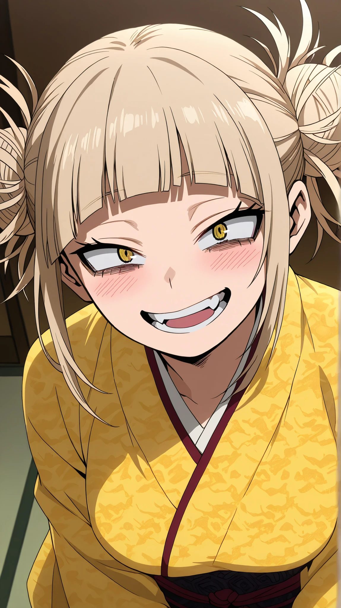 , toga himiko, my hero academia
High quality , best quality , masterpiece, High Resolution , detailed face( LoRA: toga),anatomically correct, detailed hairstyle( LoRA: toga),anime Coloring
solo, 1 girl
bangs, blonde hair, yellow eyes, blunt bangs, hair bun, double bun, messy hair, medium breasts
yellow kimono(Tiger pattern)
looking at viewer ,close up,upper body,from above
Japanese-style room
smile,open mouth,crazy eyes, blush, smirk, happy, love-struck expression,